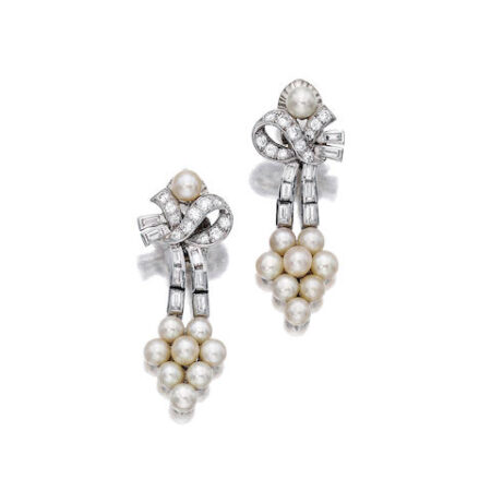 2014 Bonhams, New York – A pair of natural pearl and diamond pendant earrings